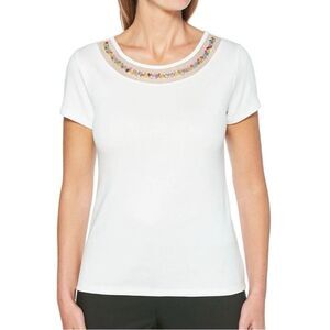 Rafaella Medium White Knit Beaded Blouse Short Sleeve